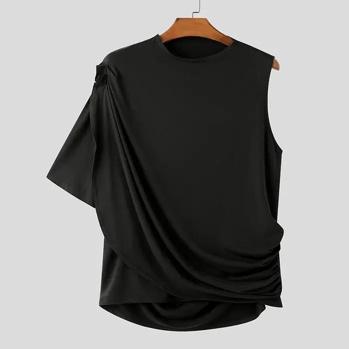 INCERUN hommes t-shirts irréguliers couleur unie col rond une manches courtes plissé hommes vêtement