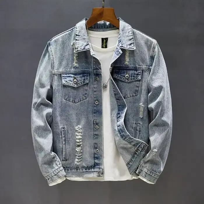 Manteau de Cowboy pour hommes avec trou vestes en jean homme ample automne déchiré de tissu vêtements pour hommes livraison rapide nouveau dans un prix pas cher élégant