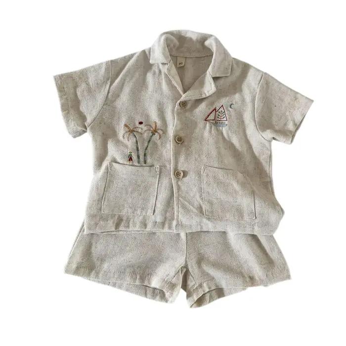 Nouvel ensemble d'été pour enfants style vacances : Robe trapèze en lin brodée bateau à voile pour filles et T-shirt