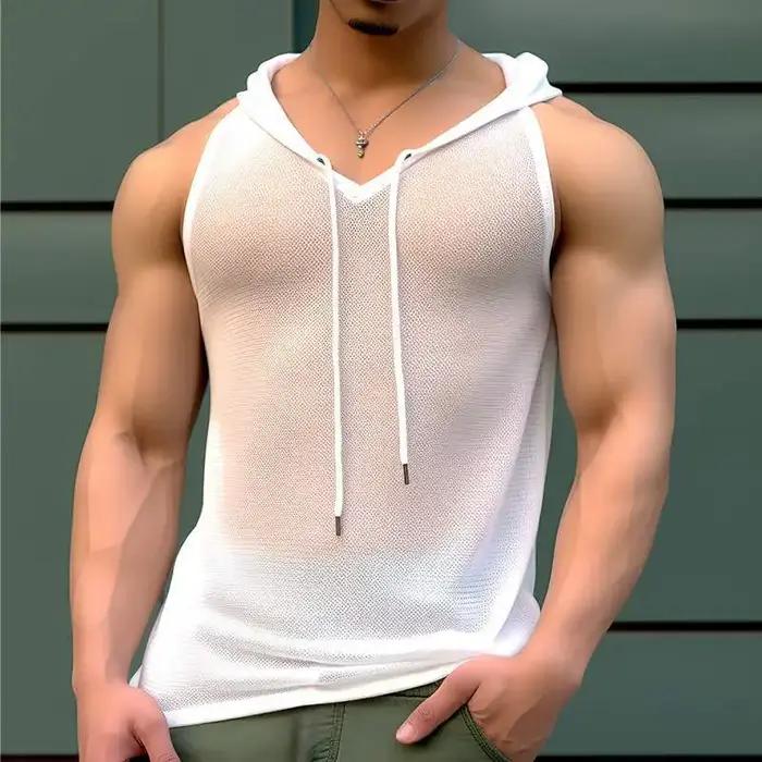Nouveau Chic hommes à capuche sport débardeurs Sexy couleur unie Transparent sans manches T-shirt été décontracté cordon