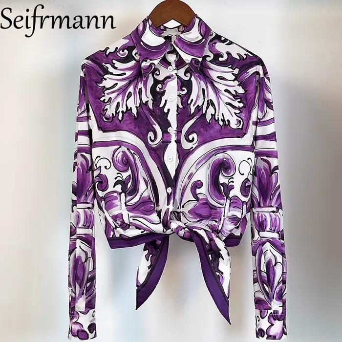Seifrmann élégant femmes hauts col rabattu simple boutonnage à manches longues mode imprimé chemise en coton
