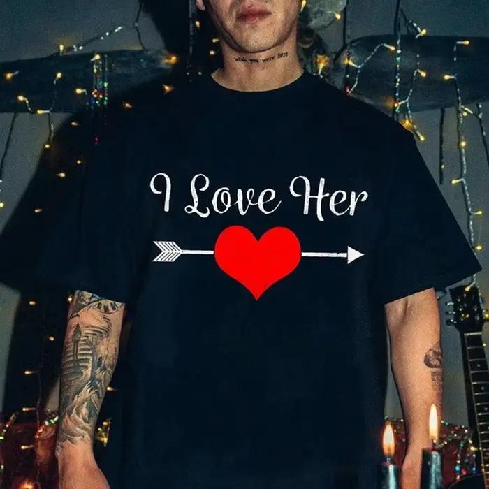 T-shirt col rond pour couple, estival et décontracté, avec I Love Him, King Queen, pour amoureux