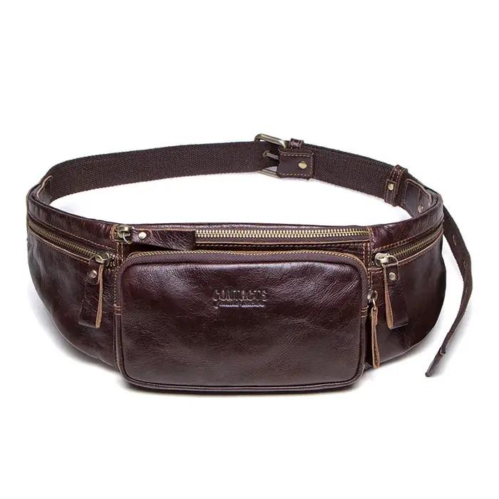 Sac banane en cuir de vachette Contact's pour homme sac de poitrine de voyage élégant sac de taille décontracté pour téléphone portable et cartes de crédit