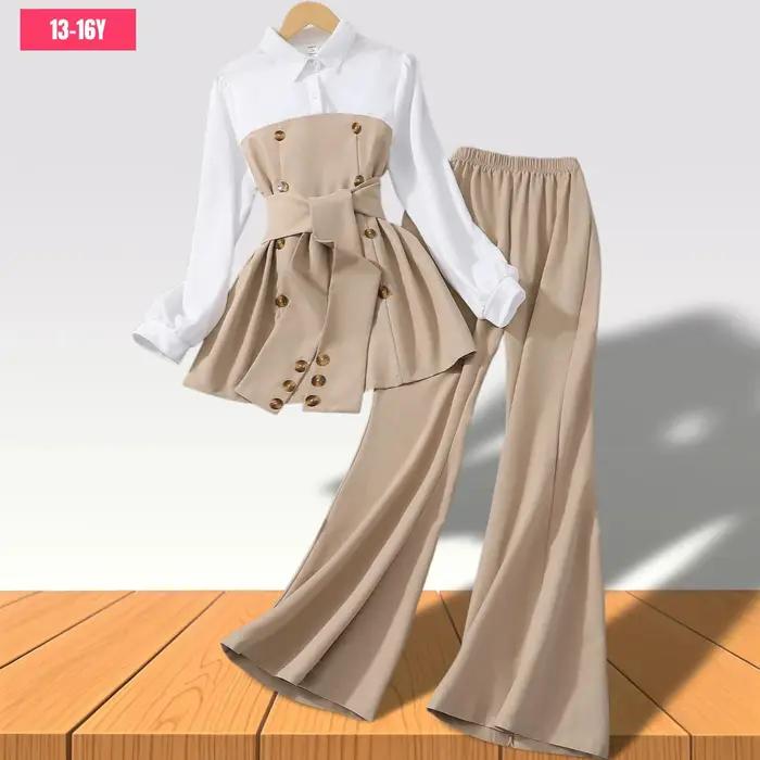 Ensemble de vêtements pour adolescentes, manches longues, couleur unie, ceinture, costume pour enfan