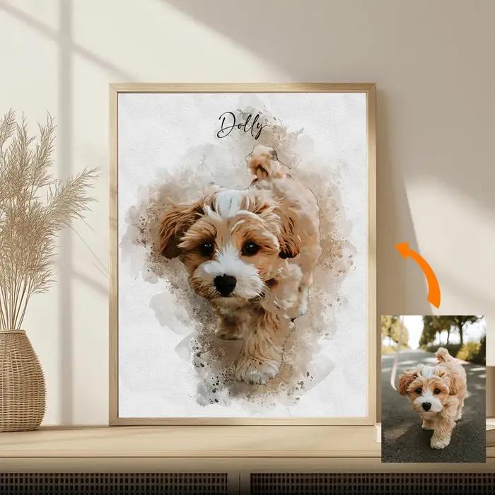 Portrait d'animal de compagnie personnalisé de la photo - Impression sur toile commémorative personnalisée pour chien et chat - Cadeau de pont arc-en-ciel aquarelle