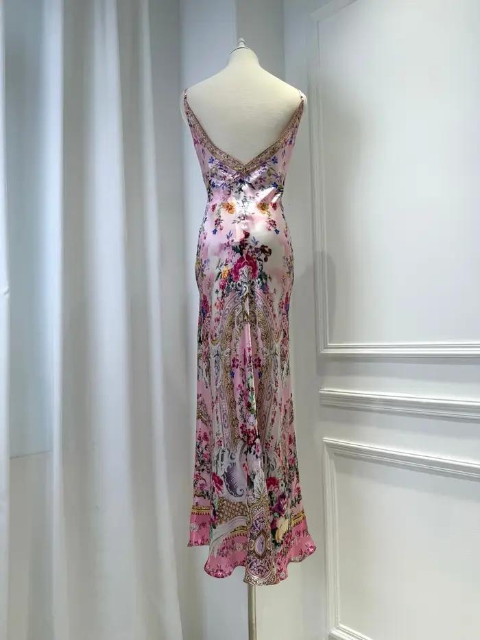Robe longue élégante pour femme, dos nu, à bretelles, ornée de perles de cristal, 100% soie, imprimé