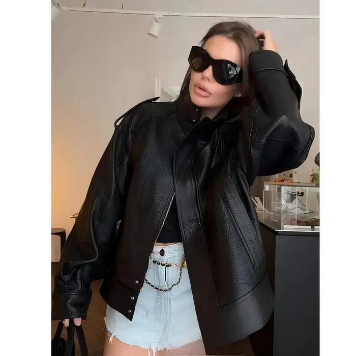 KONDALA Chic vestes en cuir noir boutons de fermeture éclair manteaux surdimensionnés mode 2025 automne hiver Streetwear