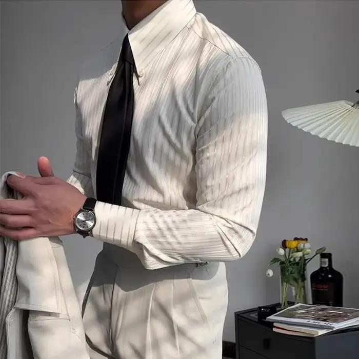 Nouveau Italie hommes d'affaires chemises léger luxe texturé pointe revers rayé à manches longues Ca