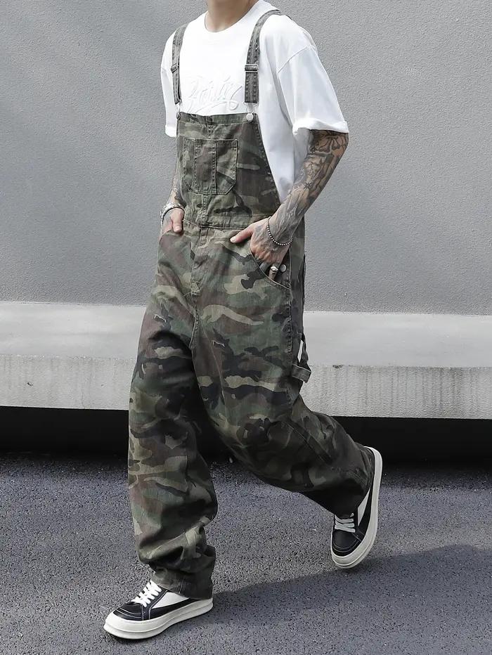 Salopette en jean imprimé camouflage multi-poches pour hommes – Coton, non élastique, lavable en mac