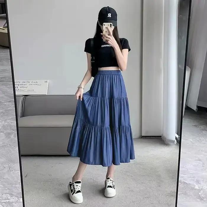 Jupe longue trapèze chic pour femme, taille haute élastique, patchwork blanc et noir, style vintage,