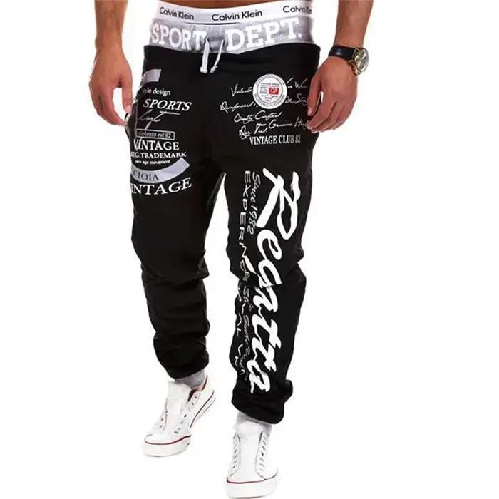 Sweatpants homme joggers élastique imprimé lettrage sport décontracté hip hop gris-bleu noir