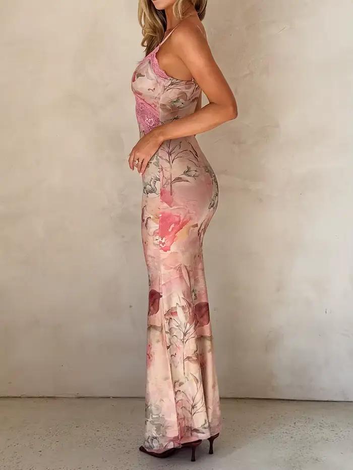 Robe longue décontractée sans manches à col en V pour femme, sexy, dos nu, imprimée, coupe ajustée, patchwork, à volants, pour soirée et club, été 2026