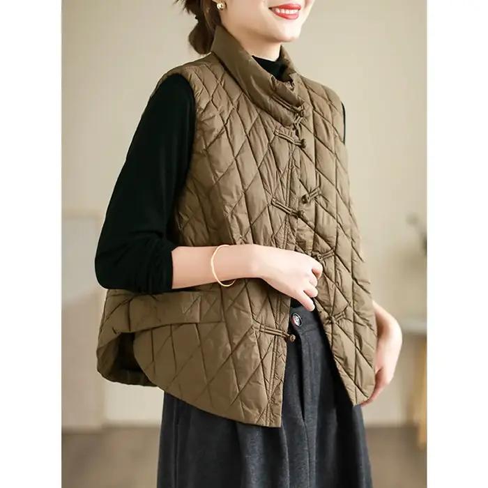 Gilet matelassé en fibre de coton pour femmes, veste légère, gilet design chaud, cardigan vintage, vêtements d'automne et d'hiver