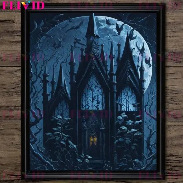 Toile d'Art Mural Vintage Impression sur Toile avec Château Hanté sous la Lune Gothisme et Design Abstrait pour Décoration Intérieure Occasions Spéciales