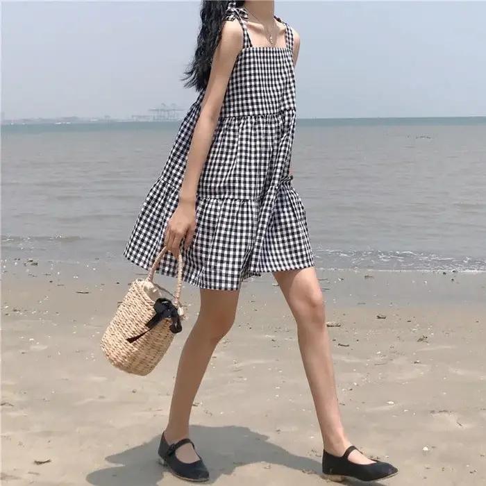 Robe à carreaux en fibre pour femmes, ceinture, design tout-assressenti, ligne A, robes de plage, mo
