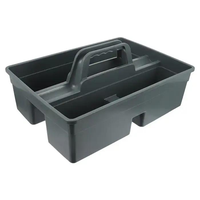 Boite de rangement pour outils de nettoyage en plastique gris avec poignee ergonomique pour usage domestique et commercial