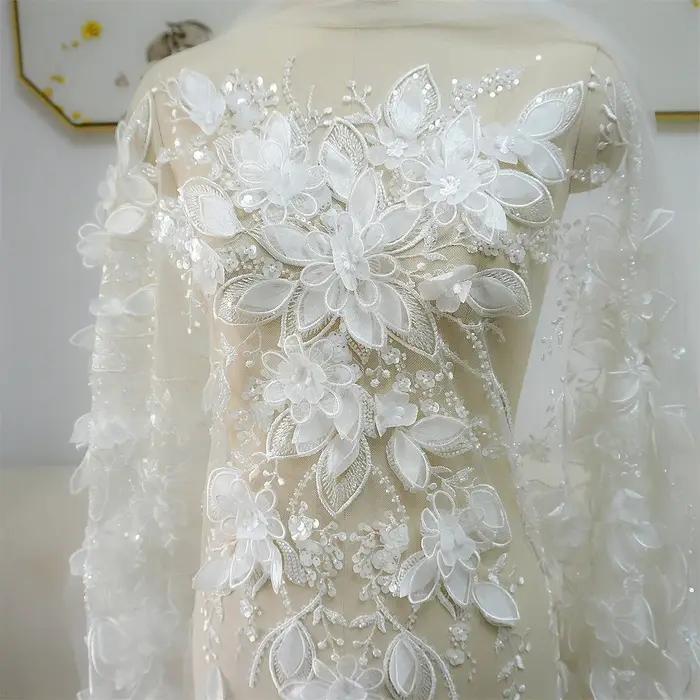 Robe de mariée en Tulle, tissu à fleurs 3D brodé en dentelle à paillettes appliquées