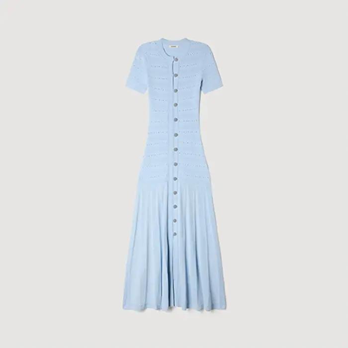 Robe Midi Chic et Élégante en Maille, Manches Courtes, Boutonnée, Côtelée, Coupe Moulante, Évasée, L