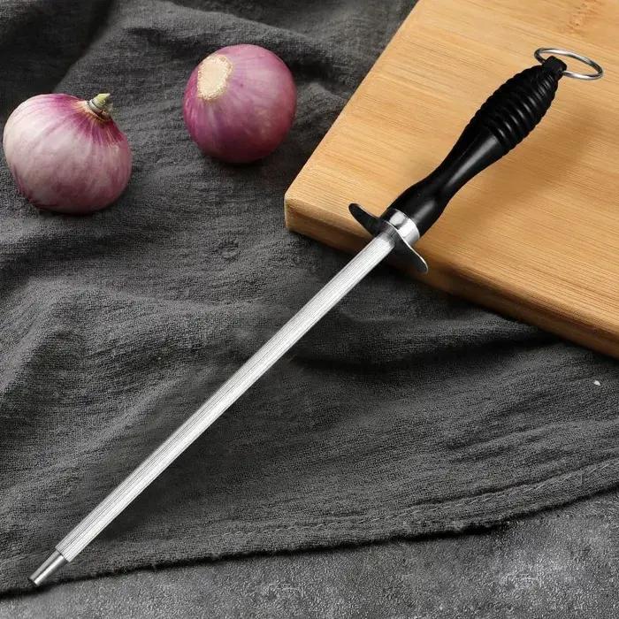 Tige d'affûtage de couteaux professionnelle en acier inoxydable avec poignée ABS pour cuisine et préparation des aliments