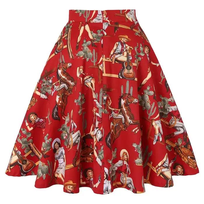 Petit rouge à pois coton femmes Sexy Midi jupe d'été Pin Up taille haute rétro Vintage Rockabilly 50