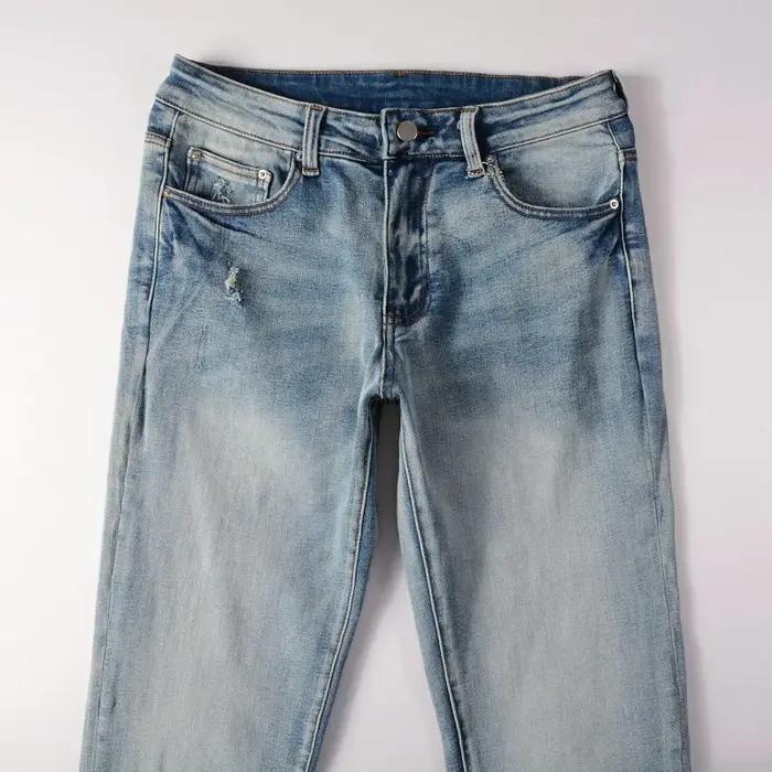 Jean classique en Denim extensible bleu clair pour hommes, Streetwear Vintage déchiré en coton, pant
