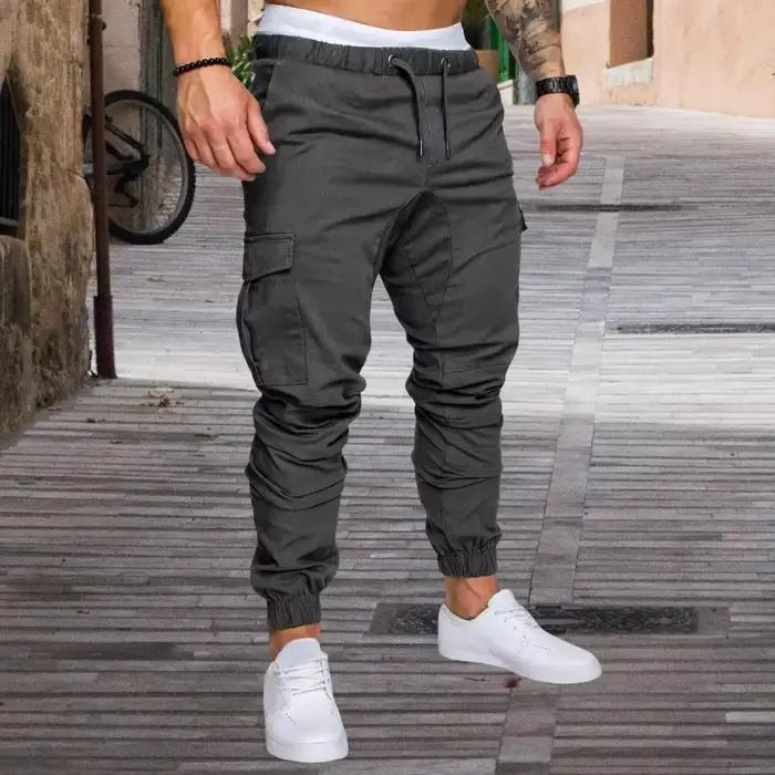Pantalon cargo homme coton chevillière poches multiples taille élastique gym training outdoor confort