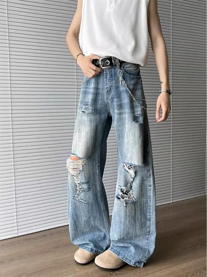 2025 Trashy Y2K Streetwear lavé bleu Baggy déchiré jean pantalon pour hommes 90S Vintage vêtements droit en détresse