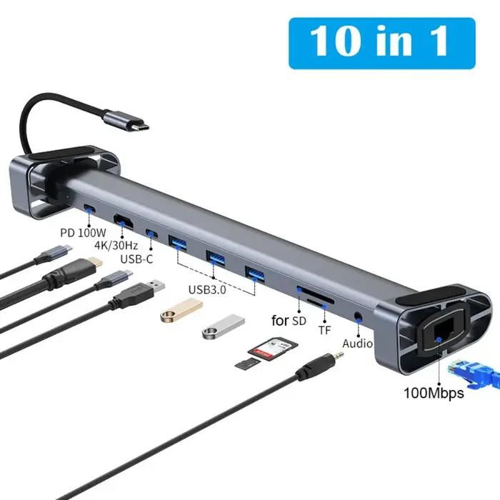 Station d'accueil USB-C 10 en 1 avec transfert données 4K HDTV charge PD100W et base pour ordinateur portable