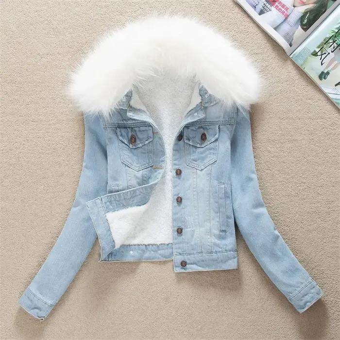 Veste en Jean polaire pour femme, manteau court à grand col en fourrure, doublure en velours épais,