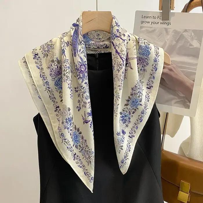 70x70 cm Simple élégance Floral oiseau imprimé foulard en soie lyrique velours Style coréen campagne fleur chaud crème