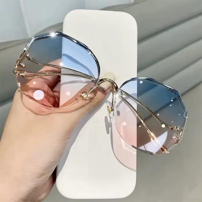 Lunettes de soleil polygonales sans monture - Style vintage féminin avec verres dégradés UV400