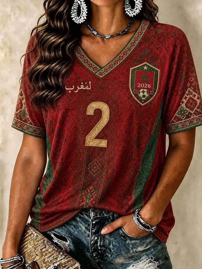 T-shirt de football rouge de l'équipe nationale du Maroc 2026, vêtement de sport unisexe à col en V