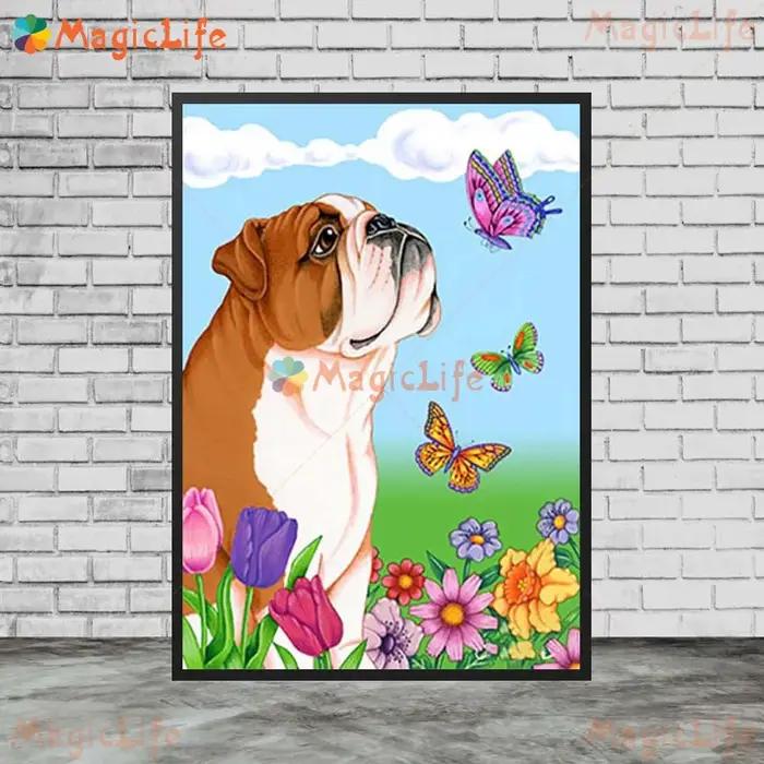 Dessin animé chien papillon printemps fleur mur photos pour salon nordique affiche mur Art toile peinture décor à la maison sans cadre