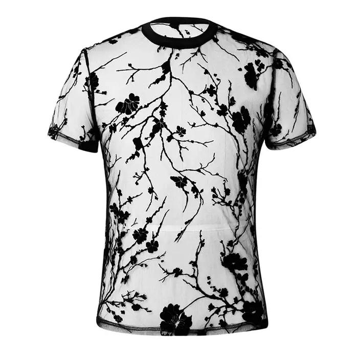 T-shirt homme été en maille et dentelle avec motifs floraux col rond pour soirée chic et élégance