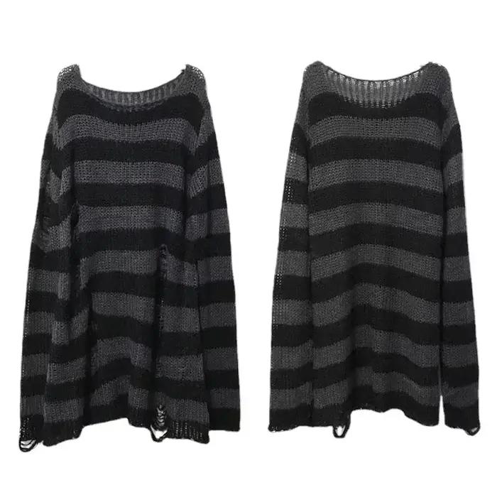 Nouveau automne Punk gothique Long unisexe pull femmes rayé Cool évider trou cassé pull ample Rock m
