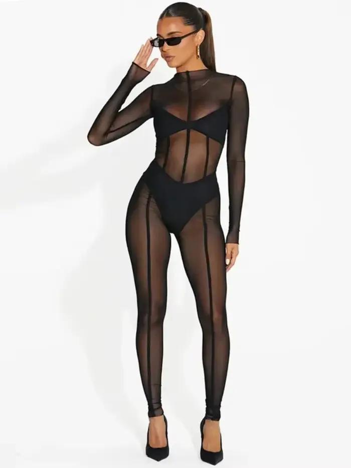 Combinaisons noires pour femmes maille voir à travers les salopette moulante barboteuse une pièce tenue