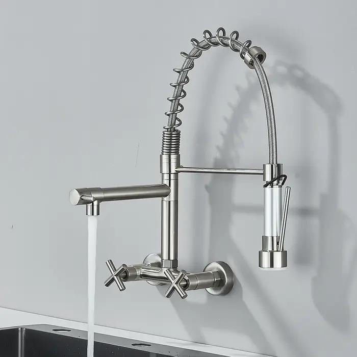 Robinet cuisine mural chromé double trou - Télescopique haute pression - Mitigeur évier salle de bain