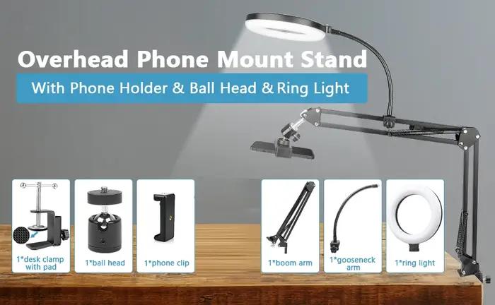 Support de téléphone aérien avec anneau lumineux, bras articulé flexible, caméra de haut en bas, 6 pouces, pour Tiktok prometteur, diffusion vidéo en direct statique