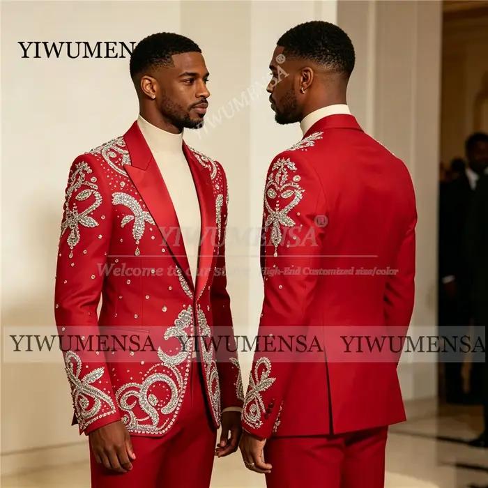 Costume de mariage exclusif pour le marié, blazer perlé de cristaux, ensemble 2 pièces personnalisé,