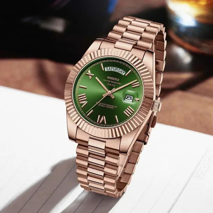 Montre homme NIBOSI quartz luxe - Bracelet acier étanche avec date et jour, montre masculine élégante