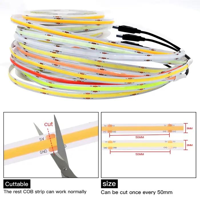 Bande lumineuse LED COB 8mm, 5V, 320 diodes/m, haute densité, souple, 3000K, 4000K, 6000K, rouge, bl