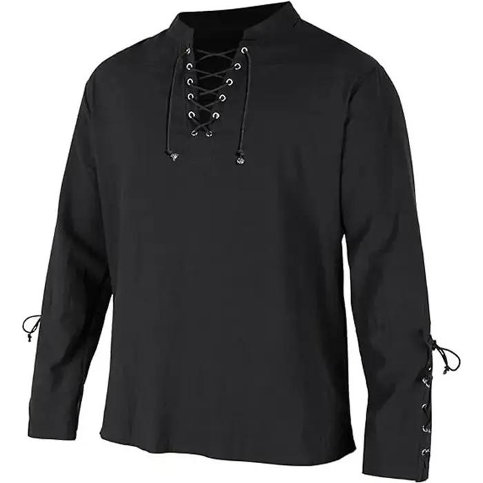Chemises à manches longues pour hommes, à lacets, col en v, manchette, Pirate médiéval, Streetwear,