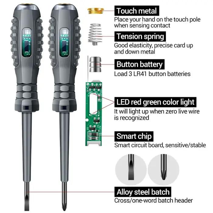 2pcs Word/Cross tournevis d'électricien 12-220V Stylo testeur de tension AC/DC Tournevis isolé pour