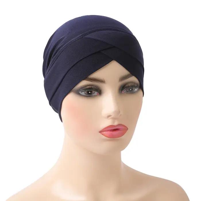 H117 front croisé musulman Turban couleur Pure extensible intérieur Hijabs pour casquettes prêt à porter femmes foulard