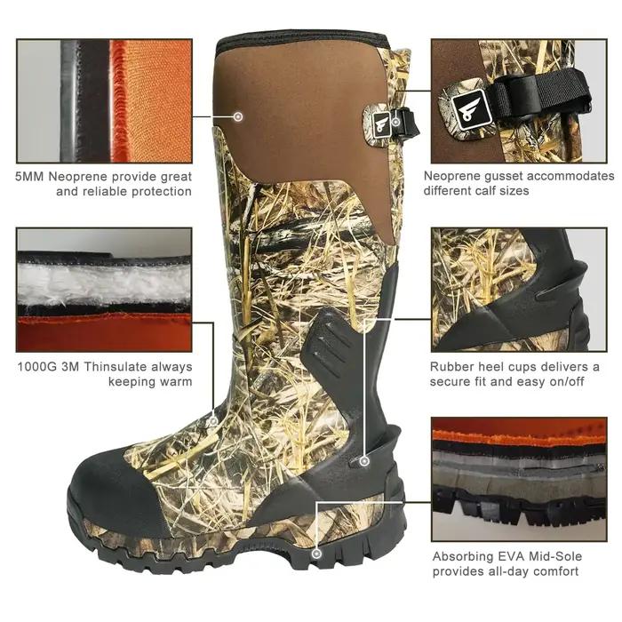 Bottes de chasse imperméables isolées à 8 ventilateurs pour hommes – Thinsulate 1000G, néoprène 5 mm, botte camouflage en caoutchouc, arbre de 17 pouces, antidérapant