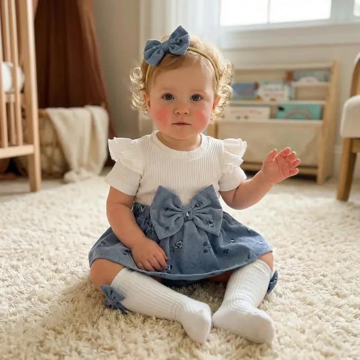 Vêtements pour bébé fille, tenues d'été, combinaison à manches courtes + chaussettes longues + bandeau, ensemble de vêtements pour nouveau-né