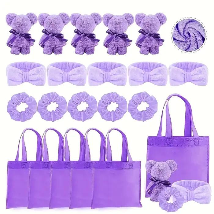 Coffret cadeau 20 Spa avec 5 sacs en polyester, 5 bandeaux, 5 anneaux pour cheveux et 5 tissus en forme d'ours pour femmes, occasions spéciales et soirées festives