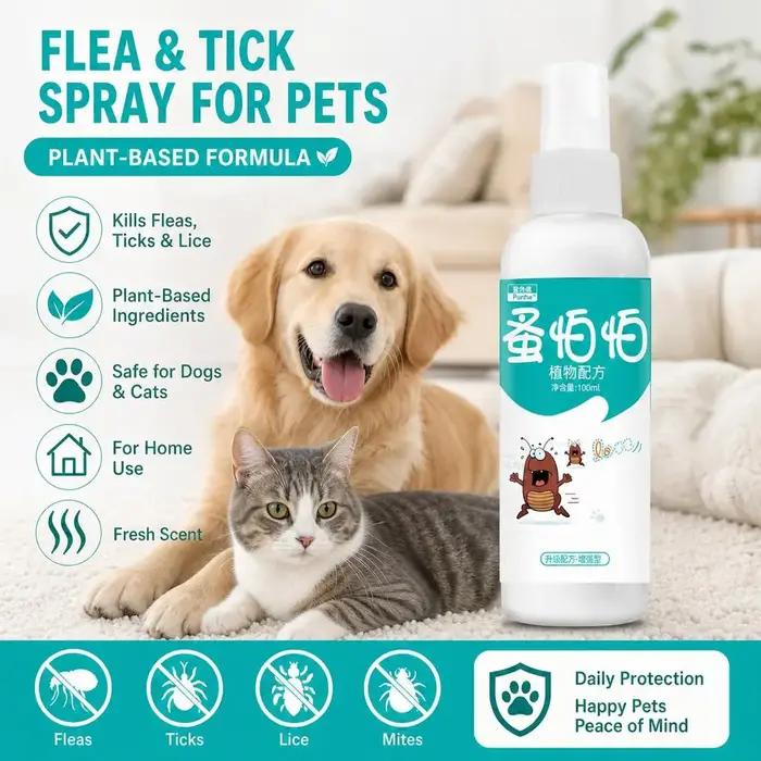 Spray anti-puces et anti-tiques pour animaux de compagnie, 100ml, traitement rapide et pratique cont