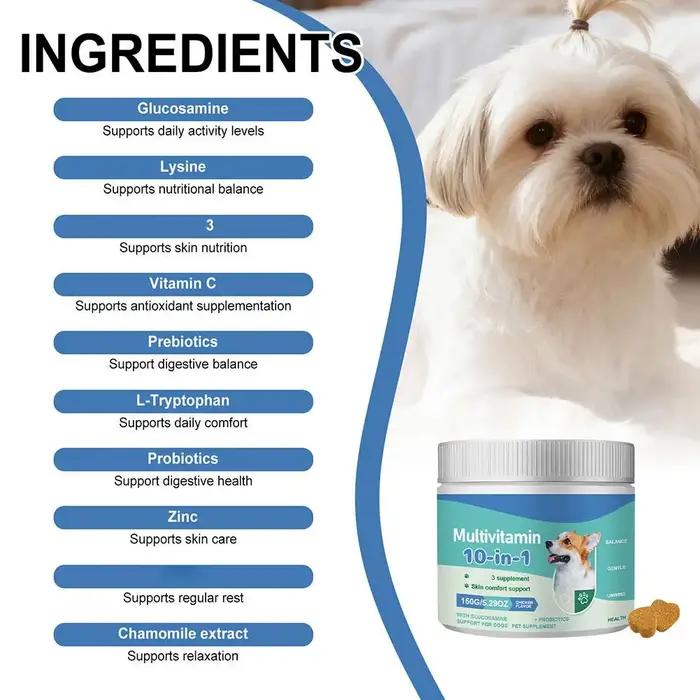 Comprimé à mâcher multivitaminé 10-en-1 pour chien avec glucosamine et probiotiques – Soutien articulaire et santé cutanée 150g