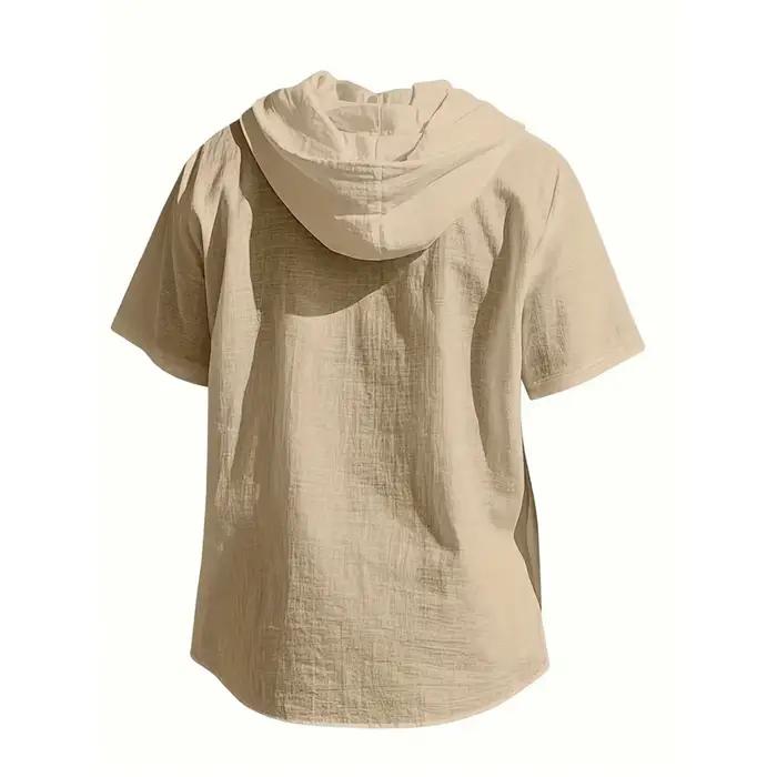 Chemise en coton et lin pour homme à capuche, décontractée, respirante, avec cordon de serrage, manches courtes, solides et élégantes pour l'été et les occasions décontractées